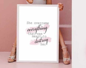 Boss Lady, Wall Art Print for Office, Living Room, Bedroom Decor, in Pastel Pink "She Overcame Everything That Was Meant to Destroy Her"