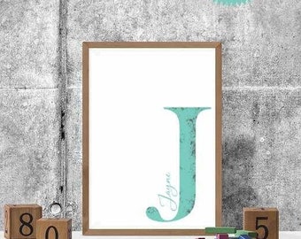 Personalised Initial Letter & Name Wall Art, Girls Initial Print, Choose Your Color - Pale Blue, Lilac or Aqua, Boss Babe Wall Decor,