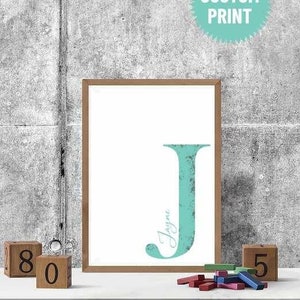 Personalised Initial Letter & Name Wall Art, Girls Initial Print, Choose Your Color - Pale Blue, Lilac or Aqua, Boss Babe Wall Decor,