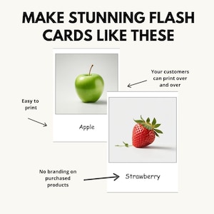 Puede incluir: Dos tarjetas flash imprimibles, una con una manzana verde y el texto "Manzana" y la otra con una fresa roja y el texto "Fresa".