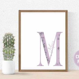 Personalised Initial Letter & Name Wall Art, Girls Initial Print, Choose Your Color - Pale Blue, Lilac or Aqua, Boss Babe Wall Decor,