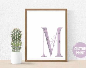 Personalised Initial Letter & Name Wall Art, Girls Initial Print, Choose Your Color - Pale Blue, Lilac or Aqua, Boss Babe Wall Decor,