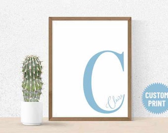 Personalised Initial Letter & Name Wall Art, Girls Initial Print, Choose Your Color - Pale Blue, Lilac or Aqua, Boss Babe Wall Decor,