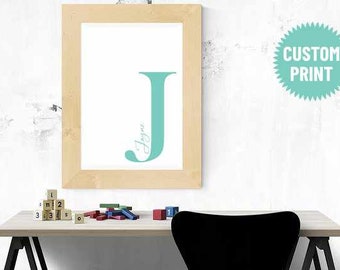 Personalised Initial Letter & Name Wall Art, Girls Initial Print, Choose Your Color - Pale Blue, Lilac or Aqua, Boss Babe Wall Decor,