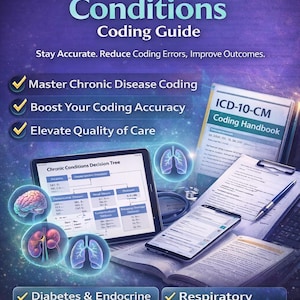 May include: A promotional image for a medical coding guide. The image features a tablet displaying a decision tree, a coding handbook, and a smartphone. The text reads "ICD-10-CM Chronic Conditions Coding Guide" and highlights key topics like diabetes, respiratory, and hypertension.