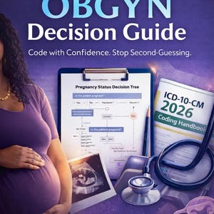 Può includere: Immagine che promuove una guida decisionale OBGYN. Il testo recita "ICD-10-CM OBGYN Decision Guide" e "Code with Confidence. Stop Second-Guessing." Sono visibili anche un albero decisionale sullo stato di gravidanza, un manuale di codifica e uno stetoscopio.
