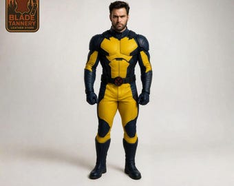 Traje de cosplay de cuero de Wolverine de X-Men / Disfraz de superhéroe amarillo y azul marino / Traje para Comic Con y Halloween