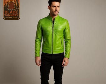 Men’s Green Crocodile Embossed Leather Jacket | Handmade Genuine Leather Moto Jacket | Custom Fit Luxury Biker Coat