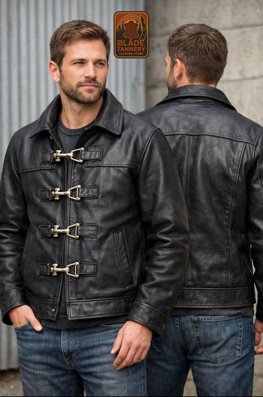 Handmade Black Leather Fireman Jacket for Men | Vintage Military