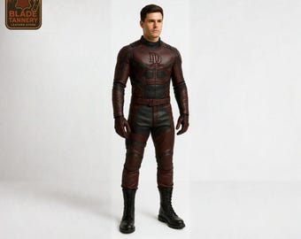 May include: A full-body shot of a maroon and black leather suit with a high collar and the letter "D" on the chest. The suit includes gloves and boots. The "Blade Tannery Leather Store" logo is in the upper left corner.