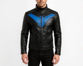 Nightwing Cosplay Leather Jacket: Black & Blue Superhero Biker Outfit