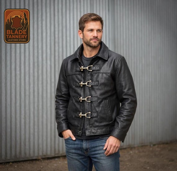 Handmade Black Leather Fireman Jacket for Men | Vintage Military