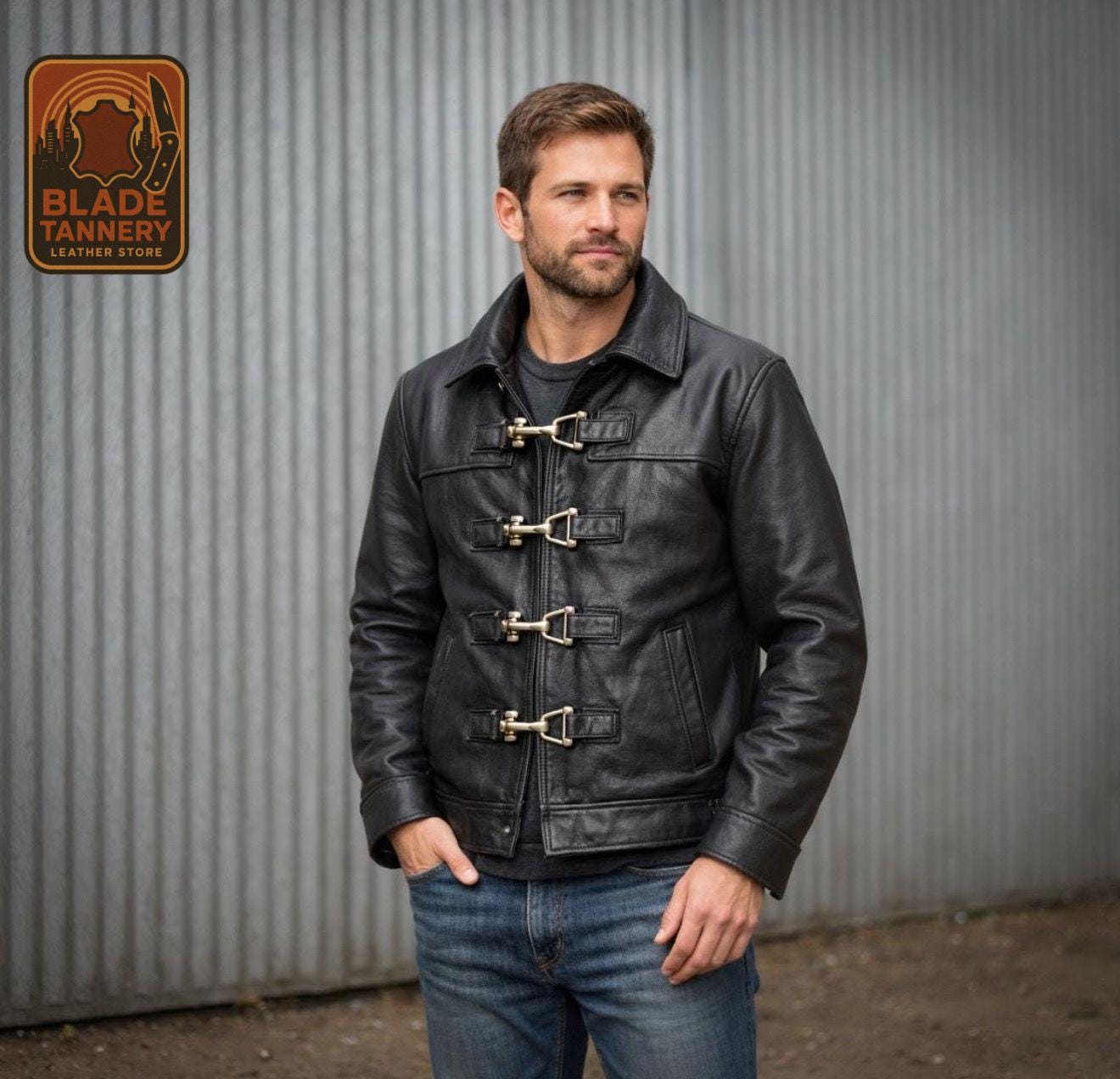 Handmade Black Leather Fireman Jacket for Men | Vintage Military