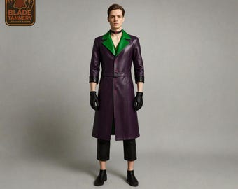 Joker-inspirerad lila och grön lädertrenchcoat – Cosplay-skurk lång jacka