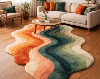 Abstract Wave Rug, Irregular Modern Area Rug, Colorful Gradient Tufted Carpet, Boho Organic Shape Floor Rug, Living Room Decor