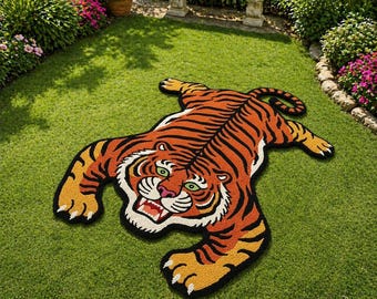 Hand Tufted Tiger Rug, Animal Shape Rug, Jungle Theme Carpet, Large Statement Rug for Living Room, Kids Room Decor, Unique Wildlife Rug