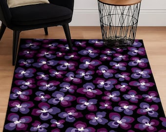 Handmade Purple Floral Rug, Aesthetic Tufted Area Rug, Modern Bedroom Carpet, Black Flower Living Room Rug