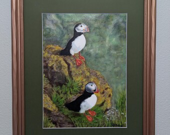 Original Puffin Oil Painting on Canvas Sheet - Coastal Art