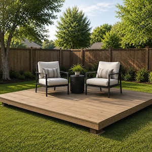 Op de afbeelding: Twee buitenstoelen met lichtgrijze kussens en gestreepte kussens op een houten terras. Tussen de stoelen staat een kleine zwarte bijzettafel met een plant in een pot. Het terras staat op een groen gazon, met een houten hek en bomen op de achtergrond.