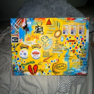 Pill Bottle Knobs Painting - 12x16 Mixed Media Graffiti Art - Basquiat-Inspired Contemporary Wall Art Canvas