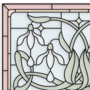May include: A rectangular stained glass panel featuring a symmetrical design of white snowdrop flowers with pale green stems and leaves. The composition is framed by a soft pink border and set against a light blue background with black lead lines.