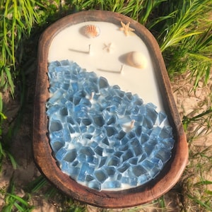 Coastal Themed Fire Glass Dough Bowl Candle | Beach Theme Soy Candle | Pick Glass Color and Scent