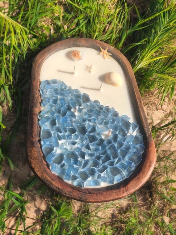 Coastal Themed Fire Glass Dough Bowl Candle | Beach Theme Soy Candle | Pick Glass Color and Scent