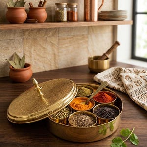 Könnte beinhalten: Eine runde Gewürzdose aus Messing mit abnehmbarem Deckel und aufwendigem Gravurmuster. Der Behälter enthält sieben kleine kreisförmige Fächer, die mit verschiedenen bunten Gewürzen wie Kurkuma, Kreuzkümmel und Senfkörnern gefüllt sind, inklusive Löffel.