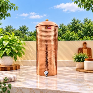 Puede incluir: Un dispensador de agua cilíndrico de cobre con textura martillada, tapa abovedada y un pequeño grifo plateado en la base. La parte frontal presenta una etiqueta rectangular con el nombre de la marca SAGA impreso en letras rojas y azules.