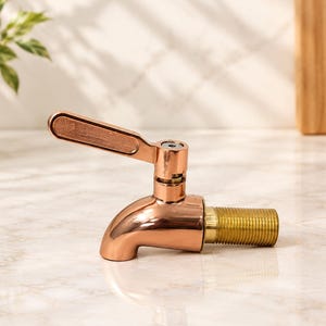 Pode incluir: Uma torneira em ouro rosa com uma alavanca única e uma conexão de tubo de latão roscado. A torneira apresenta um acabamento metálico polido, um bico curvo e uma alavanca plana e retangular posicionada no topo para controlar o fluxo.
