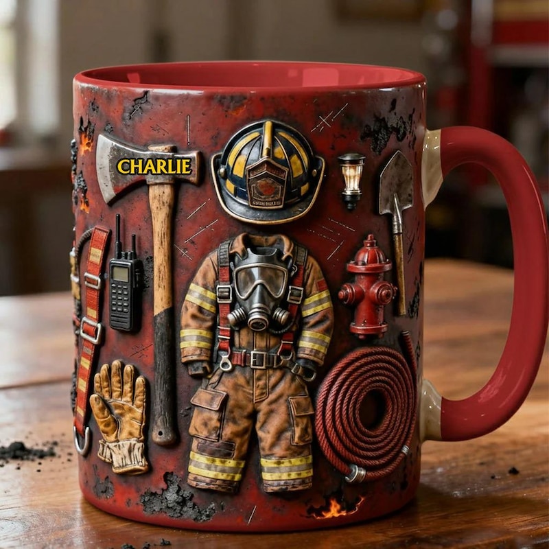 🎁 Custom Firefighter Gear Accent 3D Effect Coffee Mug, Fireman Coffee Cup, Firefighter Gift For Dad Husband Son, First Responder Ceramic Mug