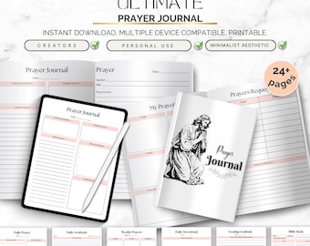 May include: A digital prayer journal with a minimalist aesthetic. The cover features a black and white illustration of a praying figure. The journal includes pages for daily prayers, gratitude, and Bible study. The text reads "ULTIMATE PRAYER JOURNAL".