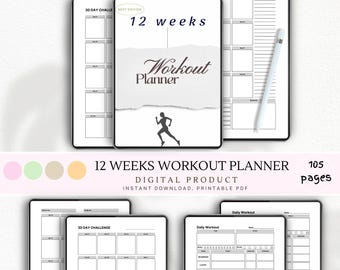 Agenda d'entraînement 12 semaines | Journal imprimable de remise en forme et d'exercices | Tracker d'entraînement PDF