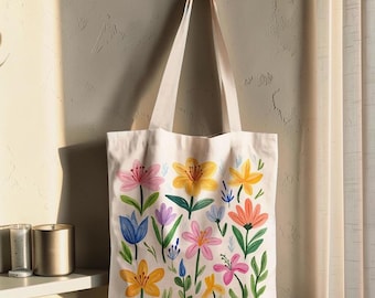 Floral Canvas Tote Bag, Flower Print Shoulder Bag, Aesthetic Everyday Tote, Reusable Shopping Bag, Minimalist Gift for Women