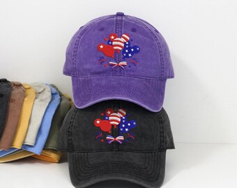 Embroidered Patriotic Mickey Balloons Baseball cap, Vintage USA Flag Mickey Ears Washed Dad hat, Retro 4th of July Fireworks Low Profile cap