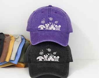 Gorra de béisbol bordada con iconos de los cuatro parques de WDW, gorra estilo "dad hat" con el horizonte de Disney World de estilo vintage, gorra retro de perfil bajo del Castillo de Cenicienta de Epcot.