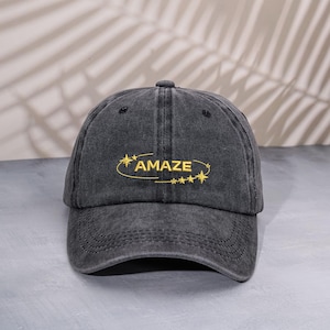 Embroidered Gold AMAZE Star Swirl Baseball cap, Vintage Cosmic Shooting Star Trail Washed Dad hat, Gold Affirmation Logo Low Profile cap.