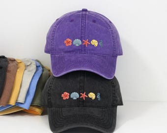 Gorra de béisbol con icono de vida marina bordado, gorra estilo vintage de papá con caballito de mar y concha costera, gorra retro de perfil bajo con estrella de mar e hibisco.