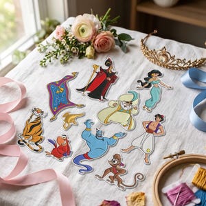 Parche bordado personalizado de Aladdin, el Genio y Jazmín, parche termoadhesivo de dibujos animados retro vintage, parche de velcro para fans de Disney de los 90, chaqueta de cosplay DIY.