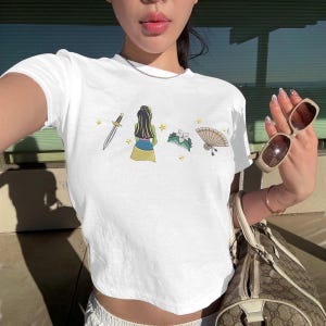 Embroidered Mulan Sword Comb Sweatshirt, Retro Disney Princess T-shirt, Vintage Movie Lover Baby Tee, Casual Theme Park Outfit.
