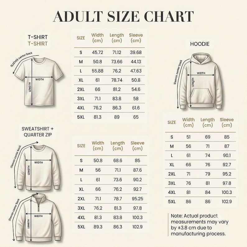K&ouml;nnte beinhalten: Eine Gr&ouml;&szlig;entabelle f&uuml;r Erwachsene mit Abbildungen von T-Shirt, Kapuzenpullover, Sweatshirt und Quarter-Zip. Tabellen zeigen Breite, L&auml;nge und &Auml;rmelma&szlig;e in Zentimetern f&uuml;r die Gr&ouml;&szlig;en S bis 5XL. Ein Hinweis erw&auml;hnt m&ouml;gliche Abweichungen von 3,8 cm.