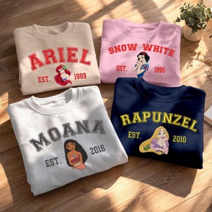 Embroidered Disney Princess Varsity Sweatshirt, Retro Vintage Aesthetic T-shirt, Movie Lover Gift Baby Tee, Theme Park Trip Outfit image 2