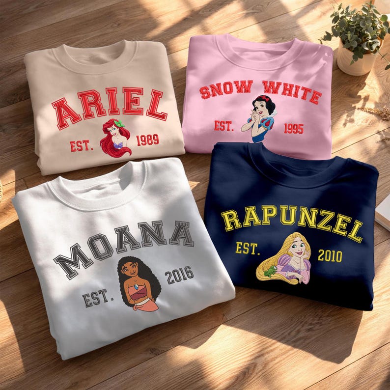 Embroidered Disney Princess Varsity Sweatshirt, Retro Vintage Aesthetic T-shirt, Movie Lover Gift Baby Tee, Theme Park Trip Outfit image 2