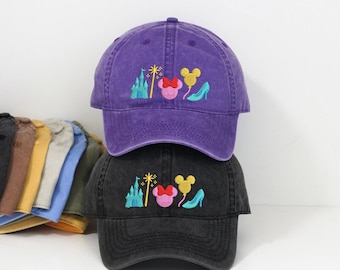 Gorra de béisbol bordada con el Castillo Mágico de Disney, gorra estilo vintage con orejas de Minnie y globo de Mickey, gorra retro de perfil bajo con estampado de zapatillas de cristal.
