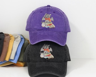 Gorra de béisbol bordada con dragón mago sin dientes, bufanda vintage de Furia Nocturna de Gryffindor, gorra estilo "dad hat" lavada, gorra de perfil bajo con búho mágico estilo "bookish".