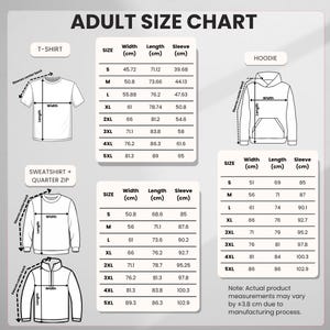 May include: An adult size chart featuring line drawings of a t-shirt, hoodie, sweatshirt, and quarter zip. Tables display width, length, and sleeve measurements in centimeters for sizes S through 5XL. A note indicates a potential 3.8 cm variance.