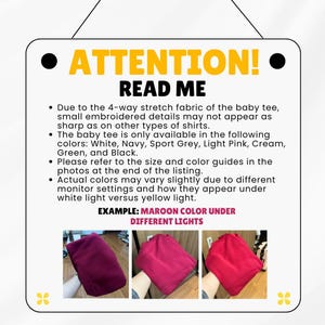 May include: A white informational sign with black text reading ATTENTION! READ ME, detailing fabric stretch, available colors, and size guides. It includes three small photos showing a maroon shirt under different lighting conditions.