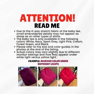 K&ouml;nnte beinhalten: Eine Infografik mit dem roten Text ATTENTION! und dem schwarzen Text READ ME, gefolgt von Aufz&auml;hlungspunkten zu 4-Wege-Stretch-Stoff, verf&uuml;gbaren Farben und Farbabweichungen bei unterschiedlicher Beleuchtung mit drei Beispielen f&uuml;r kastanienbraunen Stoff.