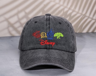 Gorra de béisbol bordada de los cuatro parques de Disney World, gorra estilo "dad hat" vintage de Magic Kingdom Castle Washed, gorra retro de perfil bajo de Epcot Spaceship Earth.