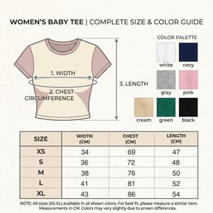 K&ouml;nnte beinhalten: Ein Gr&ouml;&szlig;en- und Farbleitfaden f&uuml;r ein Baby-T-Shirt mit einer Skizze, die Breite, Brustumfang und L&auml;nge markiert. Eine Farbpalette zeigt Wei&szlig;, Marineblau, Grau, Rosa, Creme, Gr&uuml;n und Schwarz zusammen mit einer detaillierten Gr&ouml;&szlig;entabelle.